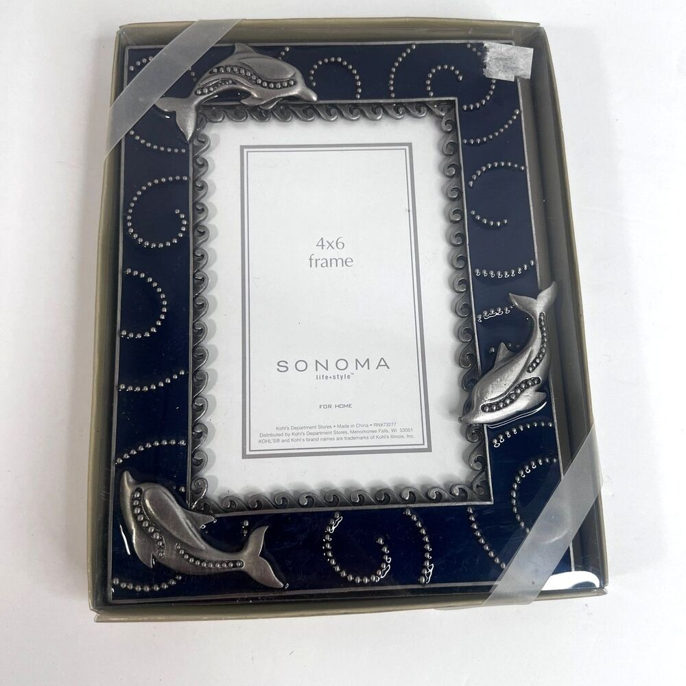 Sonoma Metal Dolphin and Blue Glass Photo Picture Frame 4x6 NEW Gift Nautical